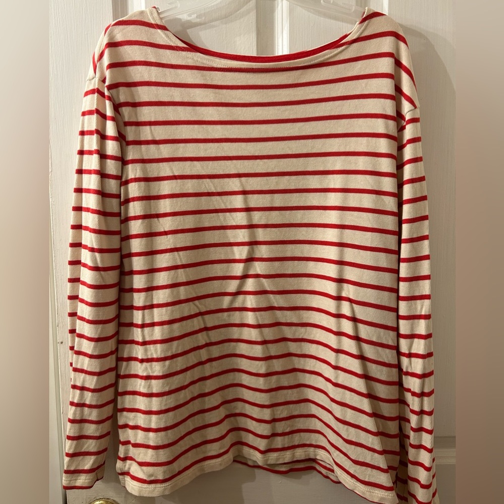 Boat Neck Orange Striped Long Sleeve Shirt
